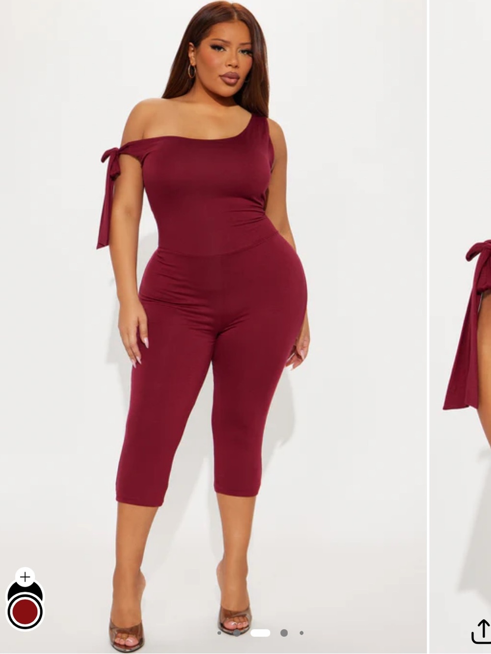 Fashion Nova Burgundy One-Shoulder Capri Jumpsuit with Tie Sleeve